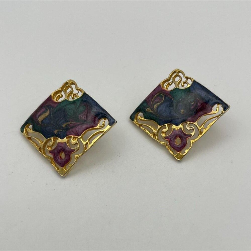 Vintage Swirl Pierced Post Earrings Gold Tone Multicolor